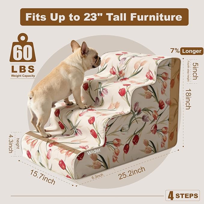 4-Step Dog Stairs for Bed & Couch 18" H, Extra Long Dog Steps for Bed with 30D Foam, Country Style Pet Stairs for Small Dogs and Older Cats, Beige