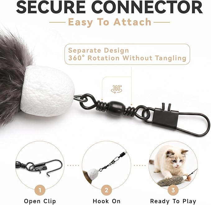 Natural Rabbit Fur Cat Toys Refills, 2 Pcs Silent Interactive Cat Wand Attachments for Indoor Cats, Handmade Fluffy Kitten Teaser Replacement Accessories (Grey)