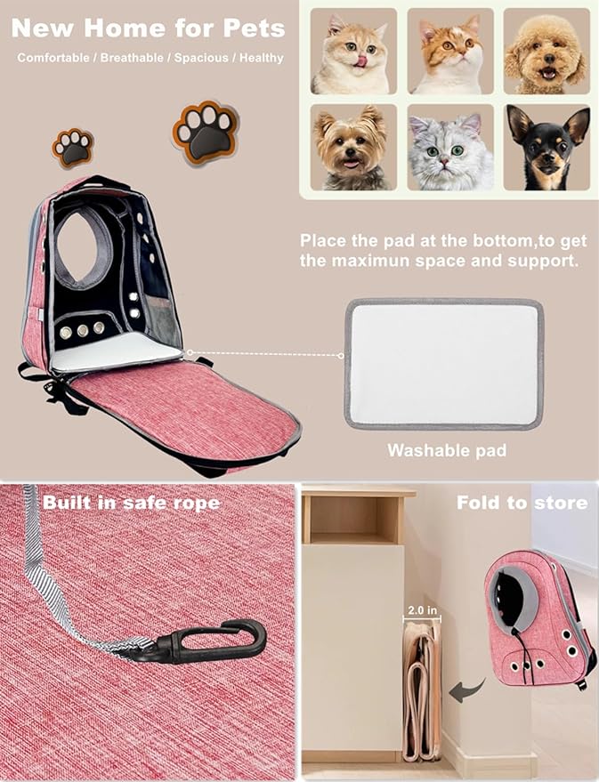 Small Dog Cat Chest Backpack Carrier,Large Space Ventilated Front Facing Backpack Carrier for Puppy,Lightweight Doggy Backpack for Hiking,Camping,Travel,Outdoor,Max 12 lbs(Pink)