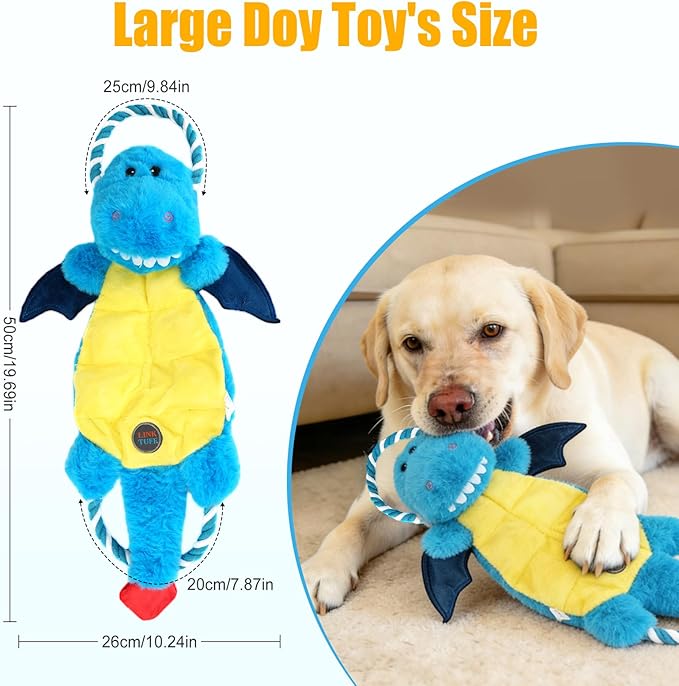 Interactive Squeaky Dog Chew Toy, Tough Plush Dog Toys for Chewers, Small, Medium & Large Dogs, Plush with Double Rope Handles for Tug of War, Mess-Free, Blue