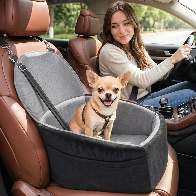 NUPIDA Dog Car Seat for Small Dogs, Dog Booster Seat with Extendable Backrest, Pet Car Seats up to 30 lbs, Washable Removable Cover Travel Bed with Storage Pockets and 2 Safety Leashes, Black&Grey