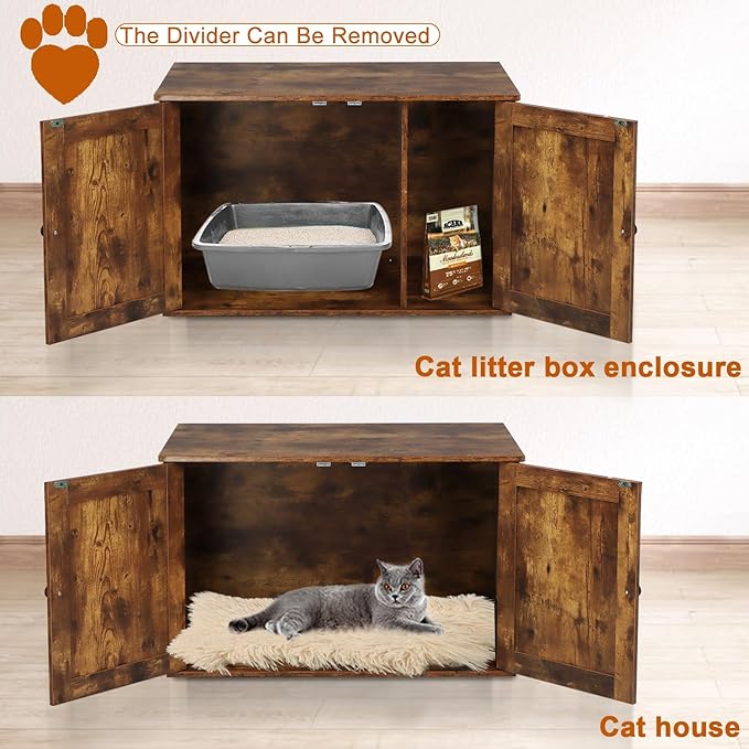 Timberer Cat Litter Box Enclosure, Litter Box Furniture Hidden with Removable Divider, Wooden Cat Washroom Furniture, Indoor Cat House, Rustic Brown