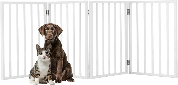 Pet Gate - 4-Panel Indoor Foldable Dog Fence for Stairs, Hallways or Doorways - 72x24-Inch Retractable Wood Freestanding Dog Gates by PETMAKER (White)