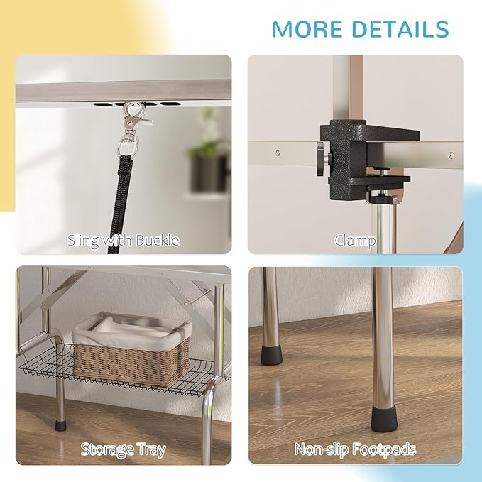 Pet Dog Grooming Table, Foldable Stainless Steel Pet Drying Grooming Table Up to 330lbs, Professional Bathing Desk for Dogs at Home with Adjustable Overhead Arms, Noose, Mesh Tray, 42''/Grey