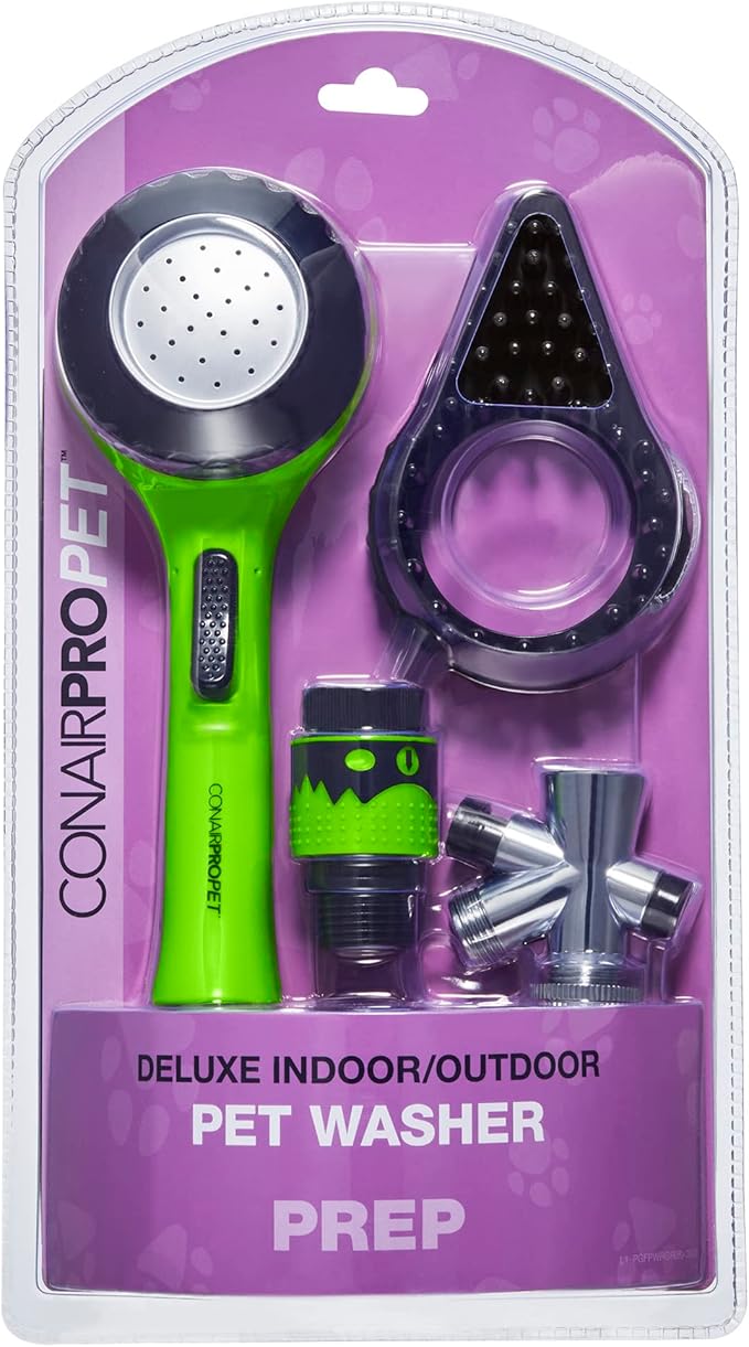 CONAIRPROPET Deluxe Indoor/Outdoor Pet Washer, Dog Shower Attachment with Dual Connectors to Easily Attach, Soft Rubber Massage Fingers, Dual Spray Modes