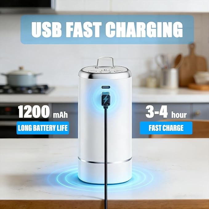 Water Dispenser Pump for 5 Gallon Water Bottles, USB Type-C Rechargeable with 1200mAh Battery, Foldable Spout, One-Touch Control (40s/80s), Powerful Suction for Home, Office, Camping - White