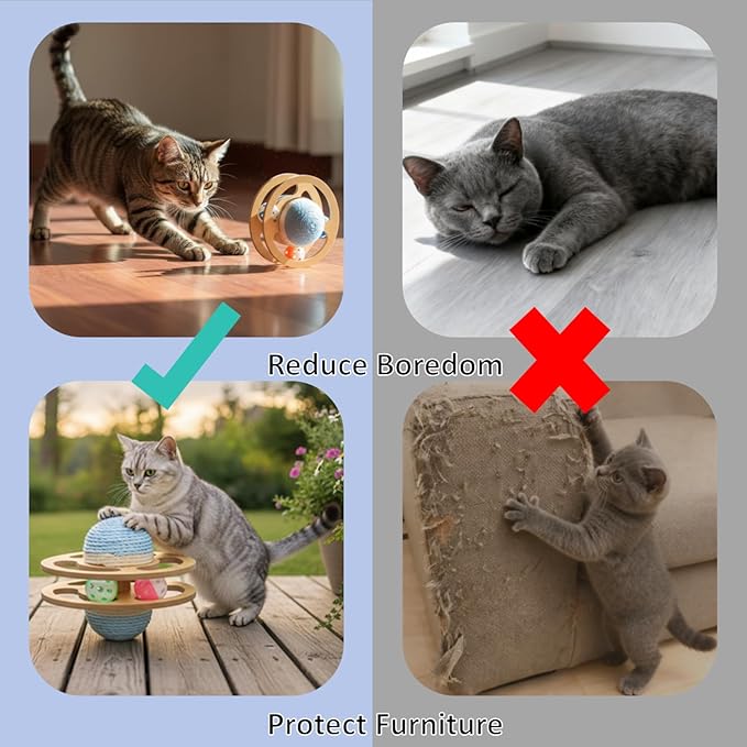 Sisal Cat Ball Track Toy for Indoor Cats Interactive Wooden Scratching Ball with Puzzle Top for Kitten Kitty Exercise Mental Physical