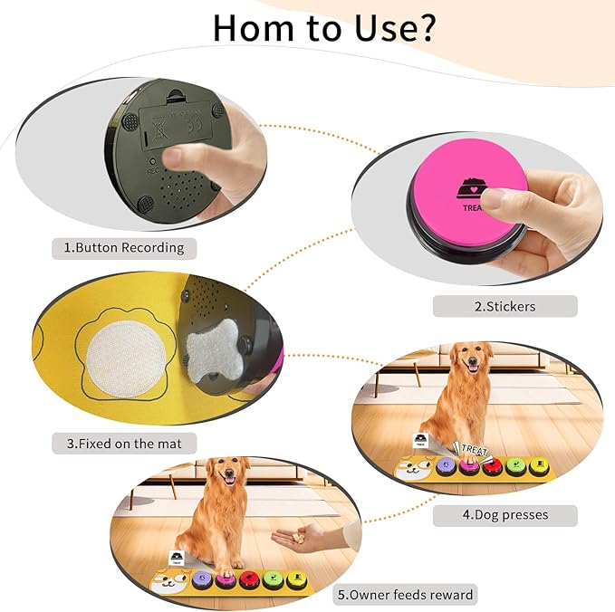 RIBOSY Dog Buttons for Communication, 5 Pcs Dog Speech Training Buzzers with Non-Slip Rubber Pad and 50 Stickers, 30 Seconds Voice Recording Button for Pet to Voice What They Want (Battery Included)