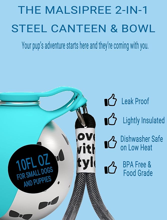 Portable Dog Water Bottle for Small Dogs: 285ml 2-in-1 Insulated Compact Leak-Proof Stainless Steel Round Water Dispenser with Collapsible Bowl for Daily Walks, Short Hikes & Travel