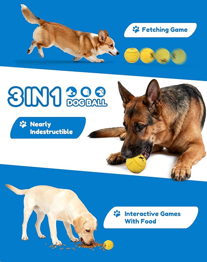 Deeow Rubber Dog Chew Toy Ball, Treat Dispenser for Pet Chewers, Food Grade TPR Teething Shell, Enrichment Puzzle, World Cup Soccer Slow Feeder Dog Toys for Dental Care and Enrichment -Yellow