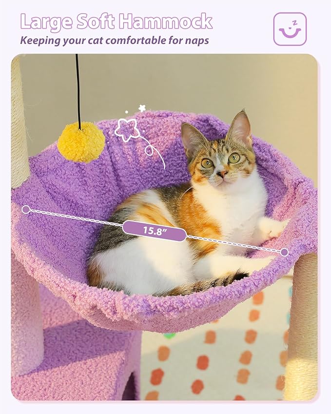 MUTTROS Purple Flower Cat Tree for Small Indoor Cats w/Large Metal Frame Hammock, 35" Cute Cat Tower with Sisal Scratching Posts, Cozy Condo with Cloud White Bed for Kittens