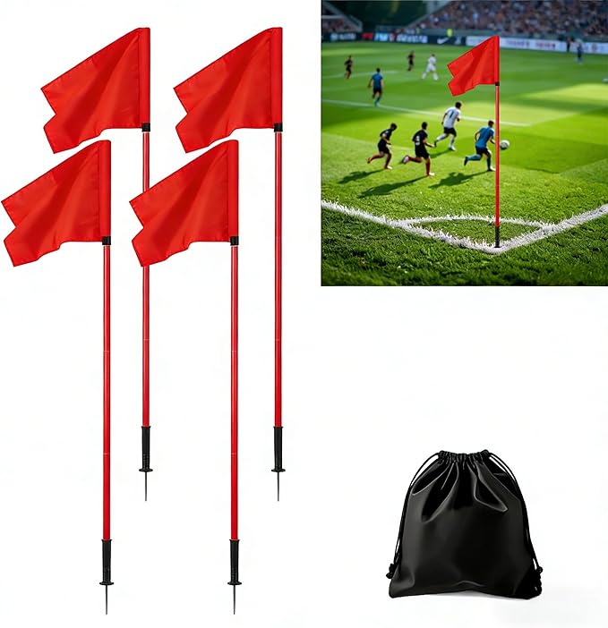 Soccer Corner Flags Set of 4 for Soccer Field, 5FT Agility Training Poles with Corner Flags,Speed and Agility Training Equipment for Sports Practice with Ground Spring Nails and Storage Bags (Red)