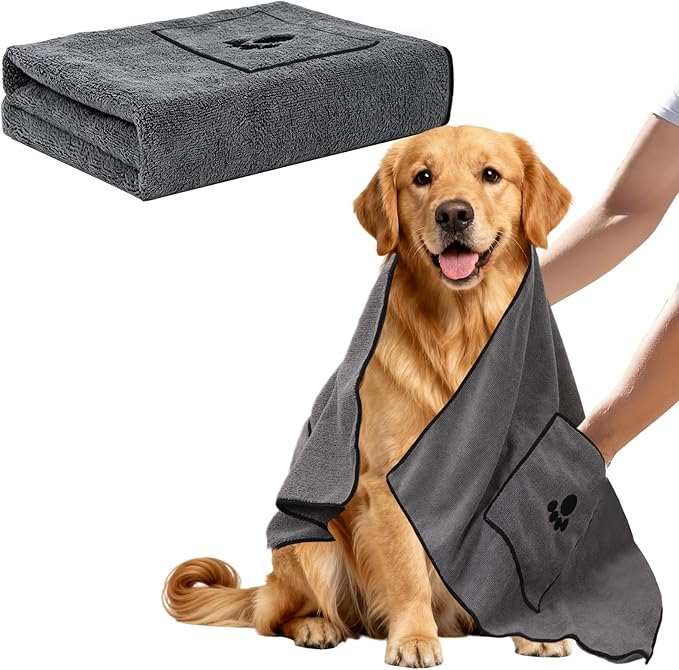 ATONET Microfiber Dog Towel with Two Pockets for Drying, 40"x23.6" Super Absorbent Pet Grooming Towel, Soft and Quick Drying for Large Dogs, Shower & Bath Supplies (Grey)