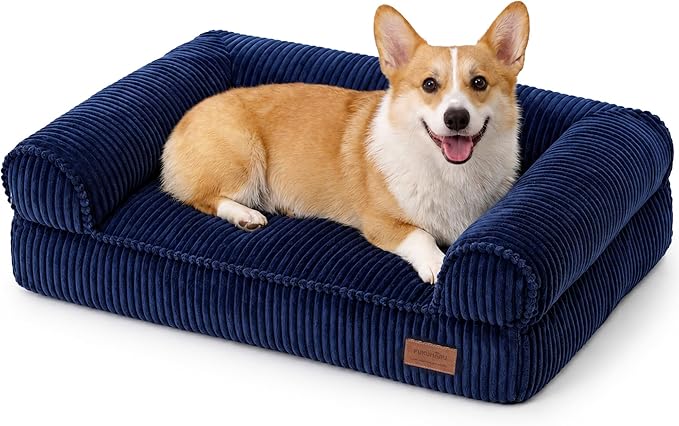 FUKUMARU Cute Dog Bed, Thickened Orthopedic Dogs Couch, 36in Egg Crate Foam Pet Sofa for Medium to Large Dogs, Waterproof Warm Corduroy Pet Bed with Washable Cover, Blue