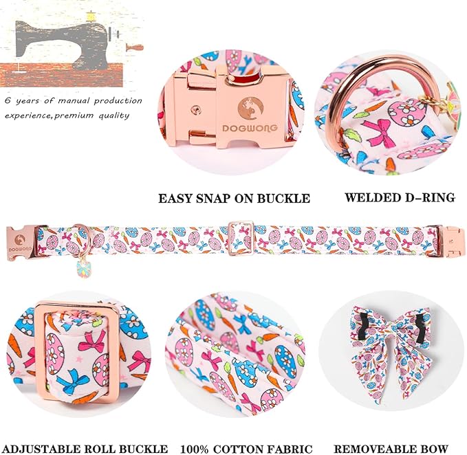 DOGWONG Pink Easer Dog Collar with Sailor Bow,Easter Egg Dog Collar, Adjustable Durable Soft Easter Carrot Dog Collars for Male Female Puppy,XS