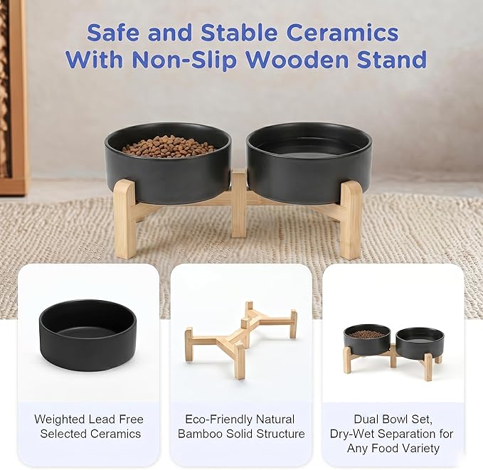 SPUNKYJUNKY Elevated Dog Bowls Ceramic, 5.1'' Dogs and Cat Food Water Bowls Raised with Non-Slip Bamboo Stand for Puppy Small Sized Breed Microwave Dishwasher Safe - 13.5 OZ,Black