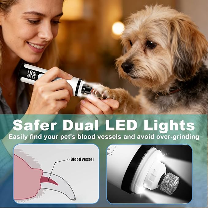 Silent Pets Nail Grinder with 2 Lights and 3 Speeds, Cordless Dog Nail Trimmers, 2000mAh Rechargeable,Painless Paws Grooming Pro for Small Medium Large Dogs & Cats (2 Replacement Heads)