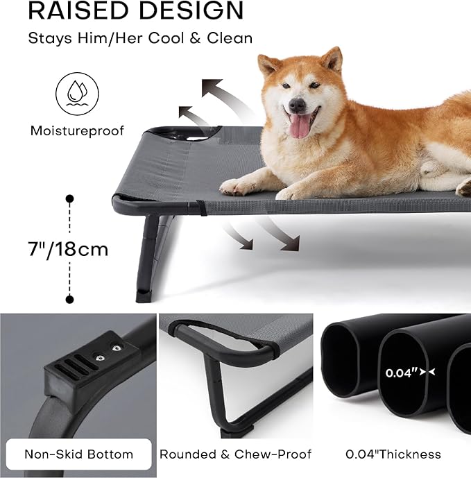 MADE 4 PETS Elevated Cooling Dog Bed for Small Medium Dogs – Raised Pet Cot with Breathable Mesh, No-Slip Feet, Chew-Resistant Frame, Portable Indoor & Outdoor Dog Hammock Bed, 32"x25", Gray