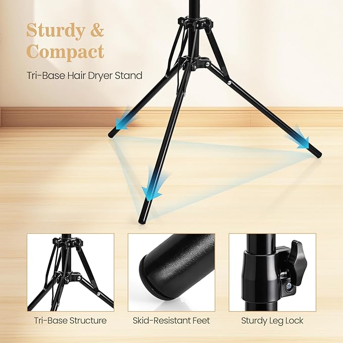 Adjustable Hair Dryer Stand, 27-59 Inch Hair Dryer Holder with Triangular Base and Universal Clip, 180° Rotating Blow Dryer Stand for Bathroom, Vanity, Makeup Room, Home Styling and Pet Grooming