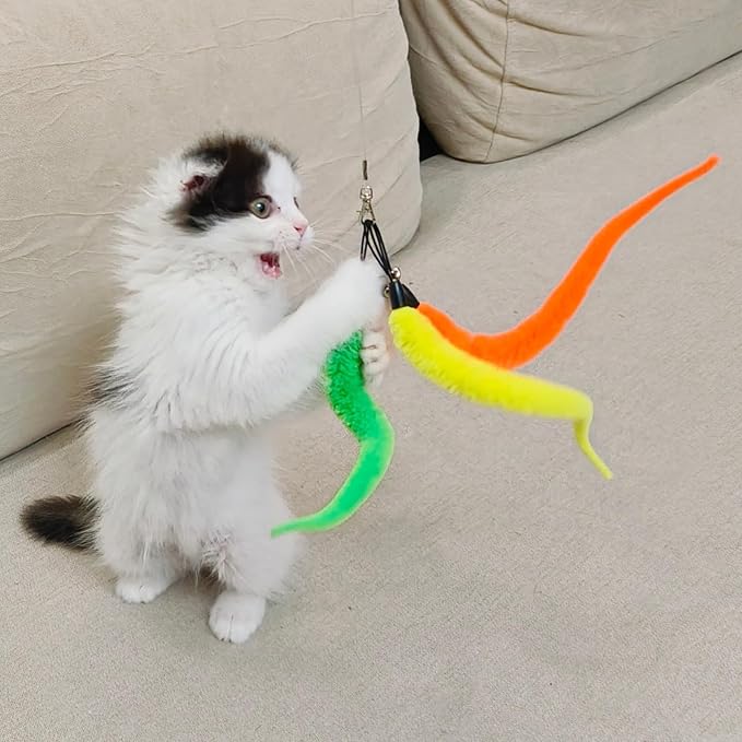 miwoowim 11 PCS Cat Wand Toy Refills - 10 Fuzzy Worm Attachments with Bells & 1 Replacement String with Clasp, Interactive Teaser Toys for Indoor Cats(10 Worms Refill)
