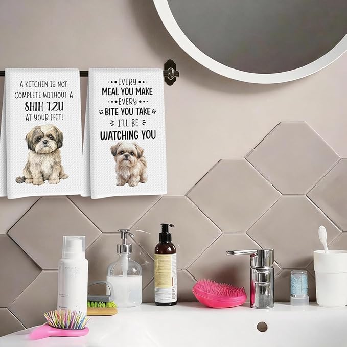 2Pcs Shih Tzu Accessories Kitchen Towels 24x14 Inch, Shih Tzu Gifts for Woman Mom, Reusable Waffle Weave Microfiber Absorbent Hand Tea Dish Towels for Kitchen Bathroom Decor, Dog Lovers Gifts
