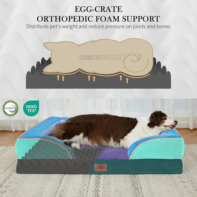 Comfort Expression Orthopedic Dog Bed for Extra Large Dogs 45x35 Inch, Waterproof Egg Crate Foam XL Pet Bed with Bolsters, Dog Couch with Washable Cover & Non-Slip Bottom, Violet Tide