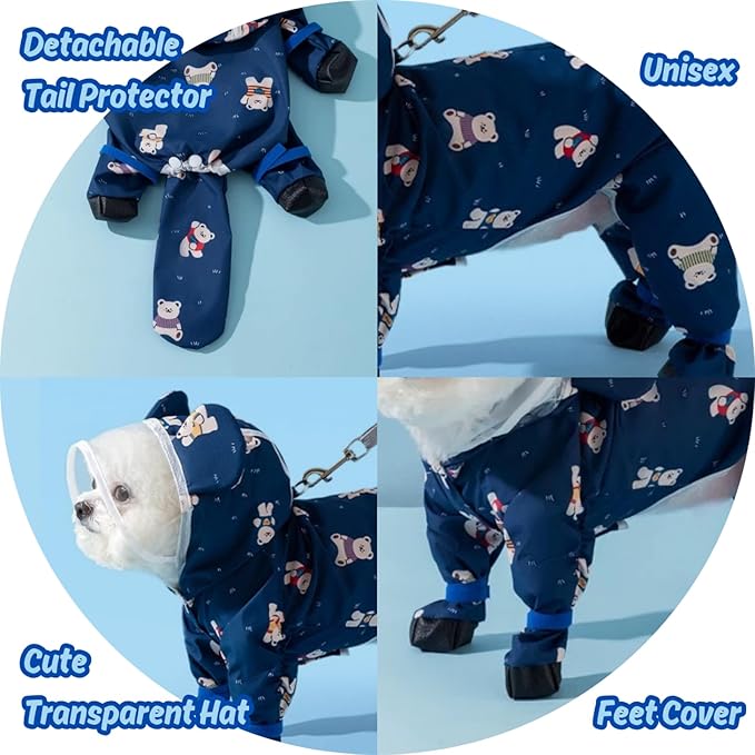 Small Dog Raincoat, Tail Protect Feet Cover Waterproof Dog Rain Jacket Dog Rain Coat for Puppy Small Dogs (Navy Bear,XS)