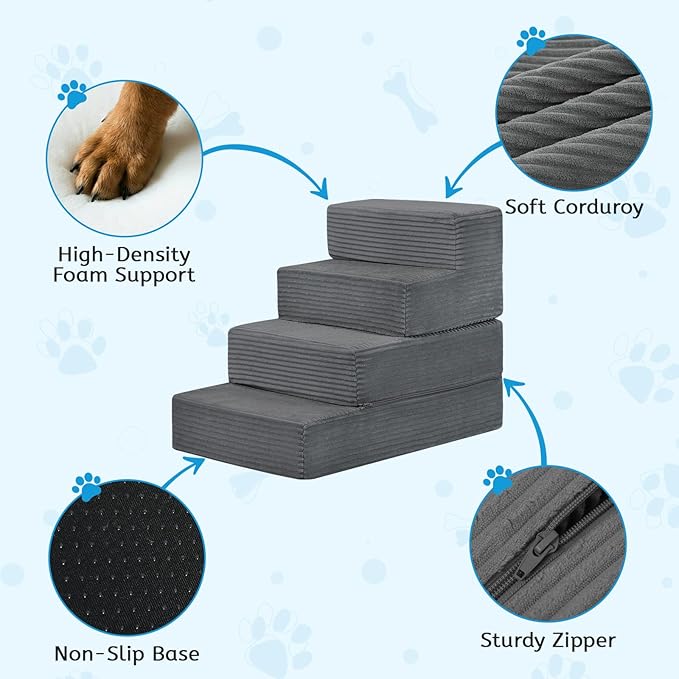 Dog Stairs for Small Dogs, 18" H Dog Steps for High Bed, 4 Steps 3 in 1 Foldable Pet Ramp for Large Cats Climb, Transformable Large Cats Ramp to Get on Couch, Non-Slip Balanced, Dark Grey