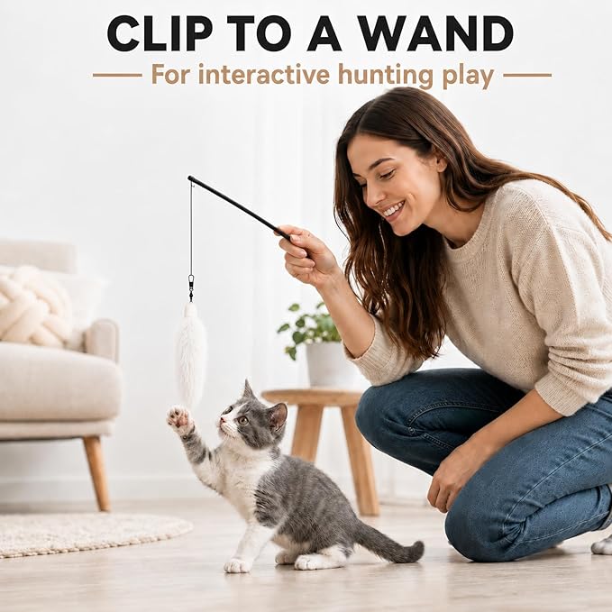 Natural Rabbit Fur Cat Toys Refills, 2 Pcs Silent Interactive Cat Wand Attachments for Indoor Cats, Handmade Fluffy Kitten Teaser Replacement Accessories (White)