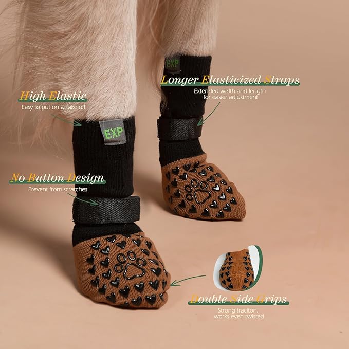 EXPAWLORER Anti Slip Dog Socks to Prevent Licking Paws - Dog Shoes for Hot Pavement, Dog Boots & Paw Protectors, Dog Booties for Hardwood Floors, Small Medium Large Senior Dogs