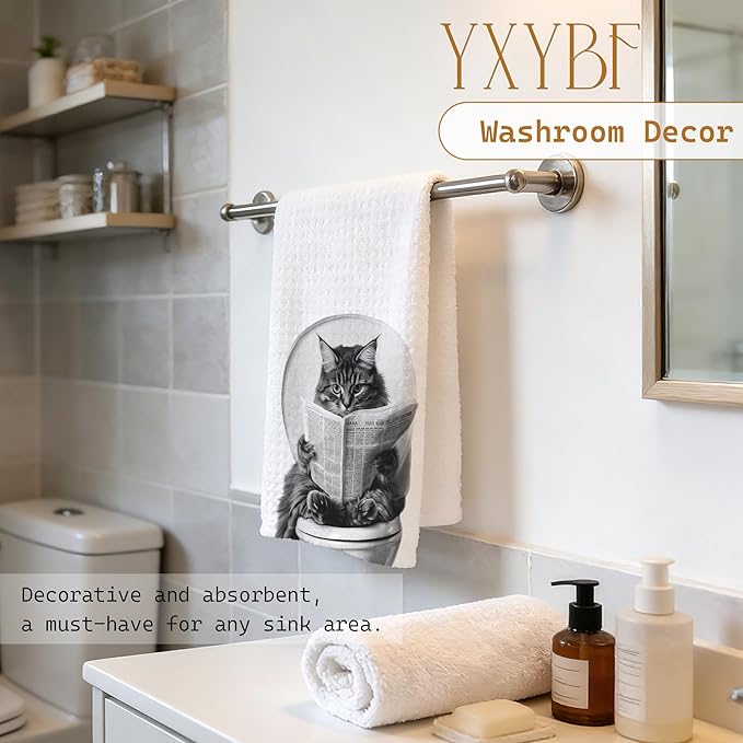 Funny Tabby Cat Hand Towels for Bathroom Washroom Decor 16x24 Inches, Cat Lover Gifts for Women Men, Black and White Newspaper Kitten Bathroom Towels Decorative