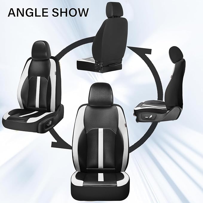 Coverado Leather Car Seat Covers Front Seats & Carbon Fiber, Waterproof and Durable All Weather Protector, Universal Fit for SUV, Pickup Truck, Sedan, Automotive Vehicle Interior, Black&White