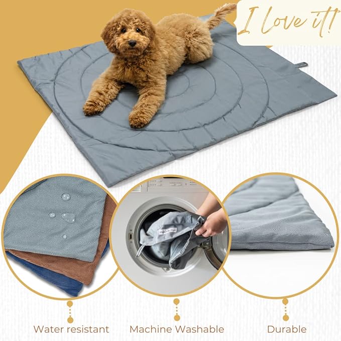 Dog Travel Mat - Portable Waterproof Foldable Dog Bed for Home, Car, Crate & Outdoor - Washable Roll Up Pet Mat for Medium & Large Dogs (39"x30") - Includes Carry Bag