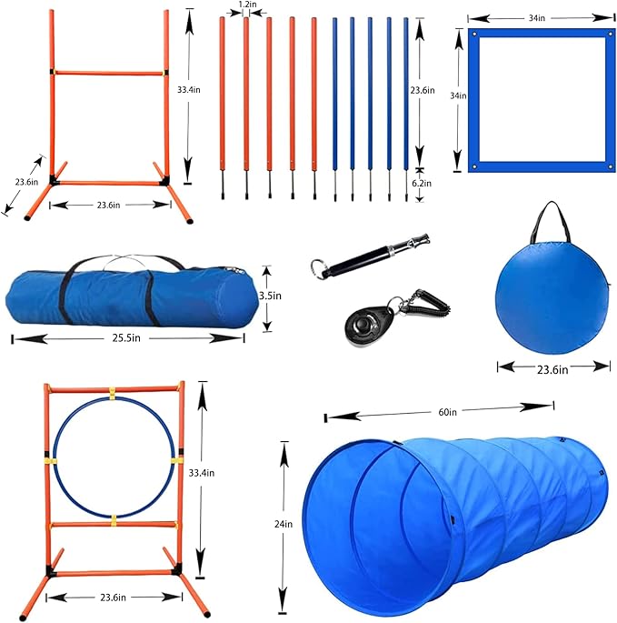 Dog Agility Training Equipment Set, Puppy Jump Training Obstacle Course Starter Kit Pet Agility Outdoor Games Dog Outdoor Games with Tunnel, Weave Poles, Adjustable Hurdle, Jump Ring