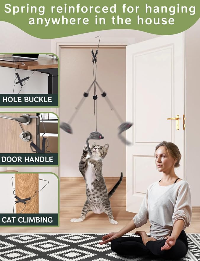 CAPHONT Hanging Interactive Cat Toy for Indoor Cats, 3 Pack Retractable Cat Feather Toy Kitten Toys with Bell/Elastic Rope/Adjustable Buckle for Play Chase Exercise Teaser