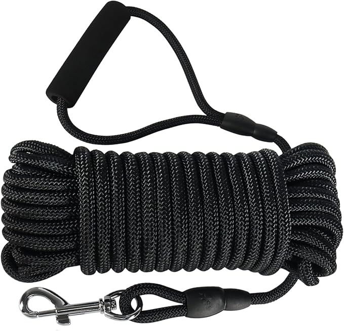 Vivifying Floating Long Dog Leash, 32ft Dog Training Leash for Outside and Yard, Durable Long Line Lead with Soft Handle for Camping, Hiking, Swimming, Beach and Lake (Black)