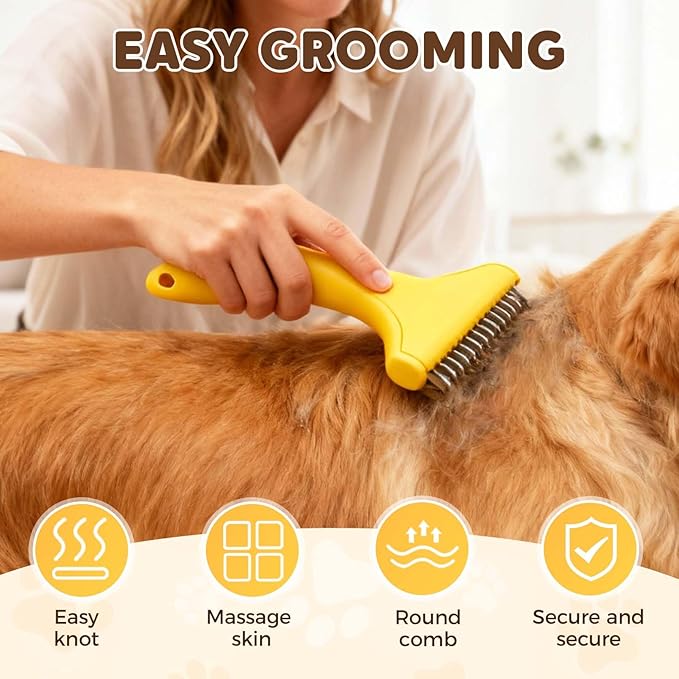 Dematting Comb for Dogs and Cats, Undercoat Rake Pet Brush for Long Hair, Dual-Sided Pet Grooming Brush Removes Tangles Knots and Loose Fur, Deshedding Grooming Tool (Orange)
