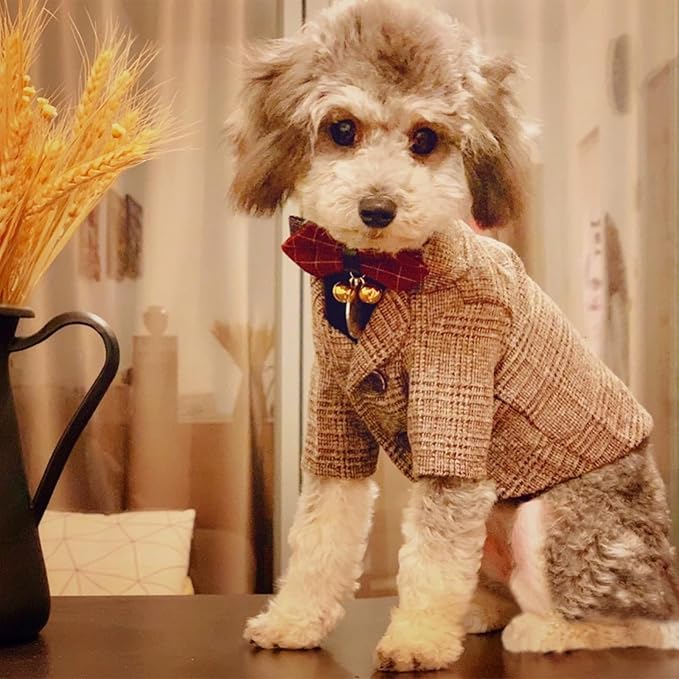 Dog Clothes Pet Plaid Suit Dog Tuxedo Costumes, Formal Gentleman Apparel Vest, Wedding Party Birthday Wear French Bulldog Pug Teddy Terrier (M, Brown Coat)