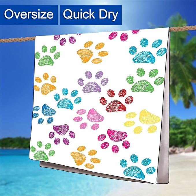 HommomH Cute Dog Paw Beach Towel Oversized 36”x 72”, Lightweight Microfiber Bath Towels Quick Dry Sand Free Big Absorbent Camping Travel Gifts for Swimming, Beach, Gym, Pool