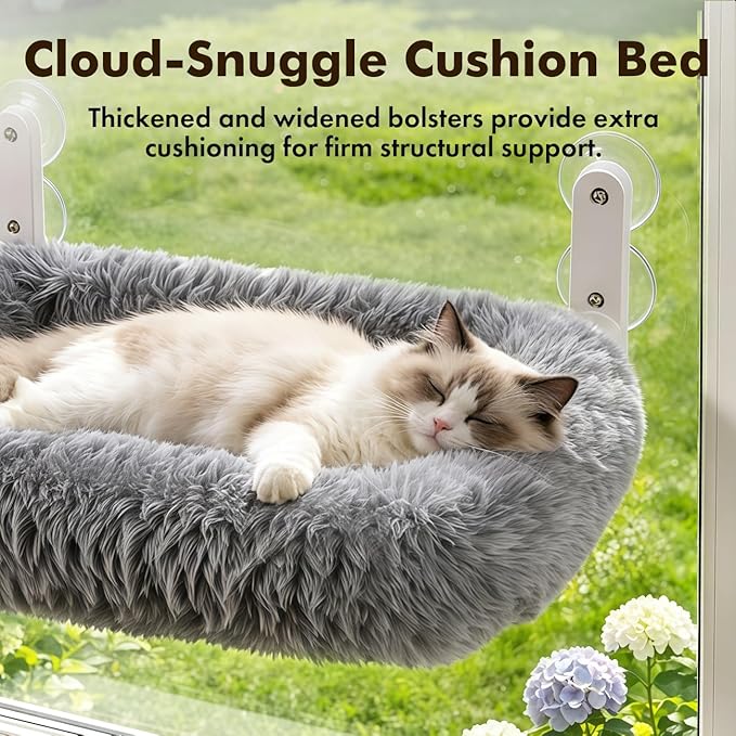 Zoratoo Cloud-Snuggle Cat Window Perch with 4-Sided Ultra-Thick & Fluffy Plush Cushion Bed, Foldable Cordless Cat Window Hammock for Window with Sturdy Metal Frame for Large Cats and Kittens (L, Gray)