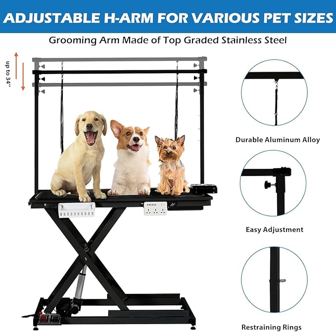 50" Heavy Duty Dog Grooming Table with Aluminium Overhead Arm,Electric Hydraulic Grooming Table with 6 USB Ports for Large Dogs 300 LBS Foot Control
