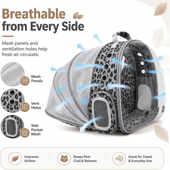 Expandable Cat Carrier Backpack for Cats & Dogs, Bubble Window Pet Travel Backpack with Breathable Mesh, Anti-Collapse Structure, Side Door, for Vet Visits, Hiking, Black and White Animal