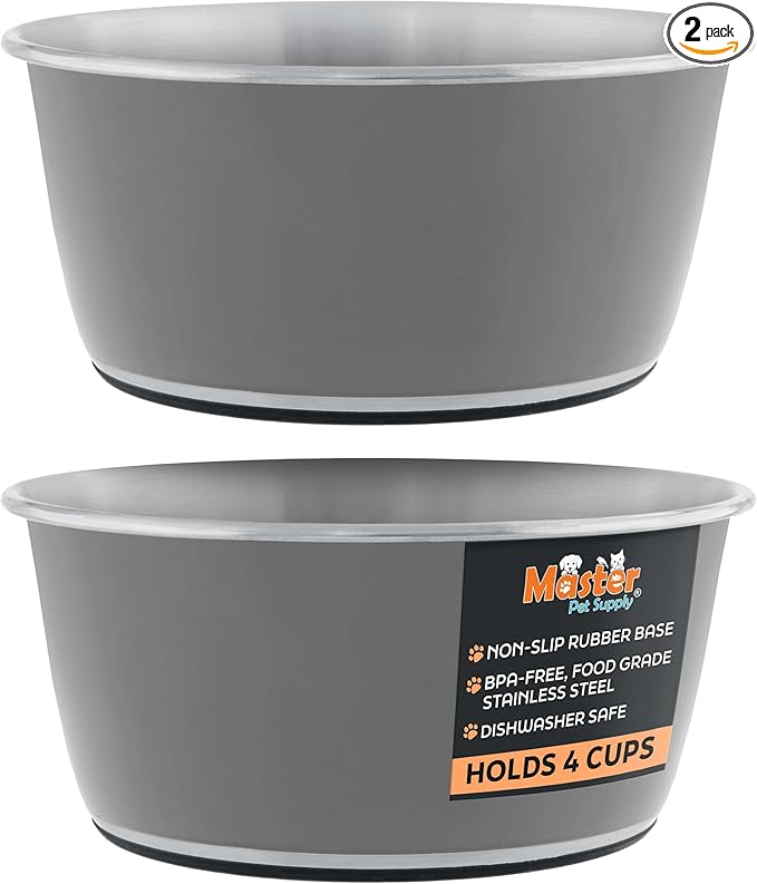 Master Pet Supply Stainless Steel Dog Bowls Set of 2 (32 Oz Each) with Non-Slip Rubber Base - Graphite - Basic Dog Food Bowl Water & Food Bowls for Small Medium Large Dogs & Cats, Metal Dish
