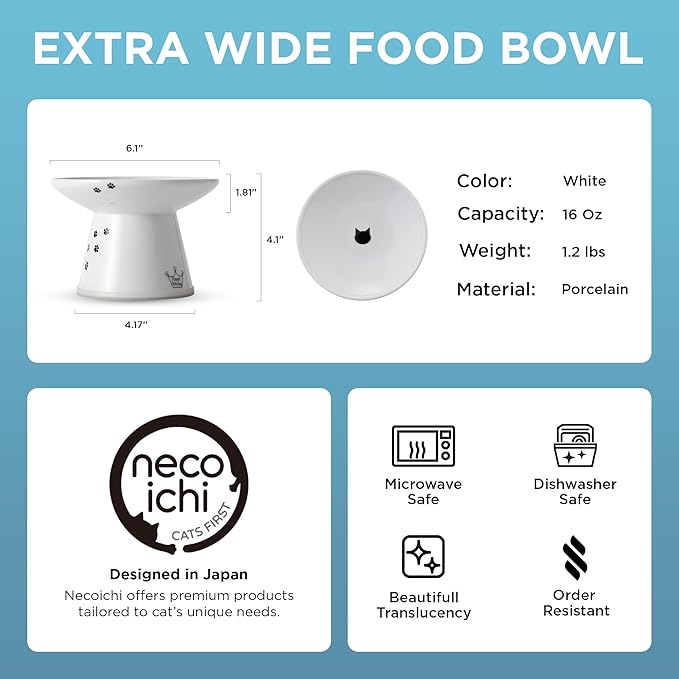 Necoichi Elevated Cat Food Bowl, Ceramic (Porcelain), Whisker-Friendly, Dishwasher & Microwave Safe, Non-Slip Silicone Base, Anti-Vomiting & Neck Fatigue (Cats, Extra Wide, 2-Cups Capacity)