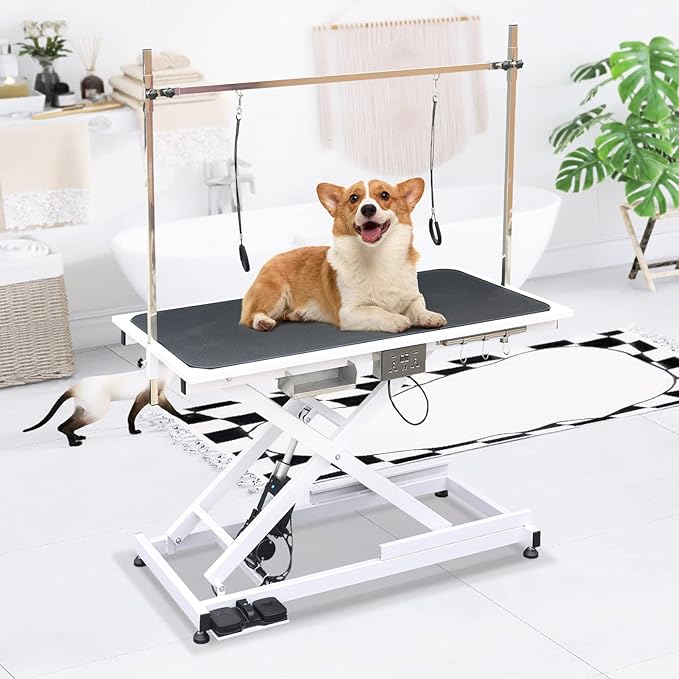 49.6” Professional Pet Grooming Table, Modern Style, Adjustable Height, Sturdy & Stable, Up to 330LBS, White, Alloy Steel