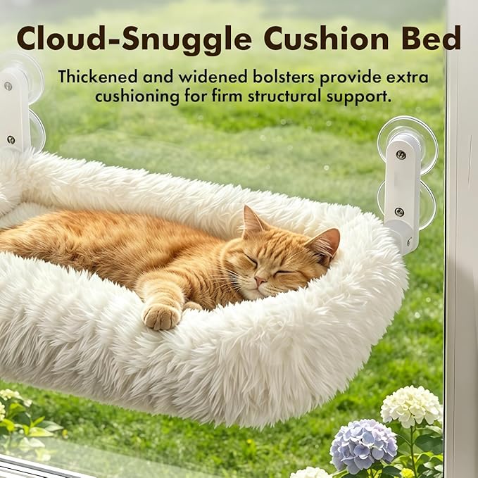 Zoratoo Cloud-Snuggle Cat Window Perch with 4-Sided Ultra-Thick & Fluffy Plush Cushion Bed, Foldable Cordless Cat Window Hammock for Window with Sturdy Metal Frame for Large Cats and Kittens (L,White)