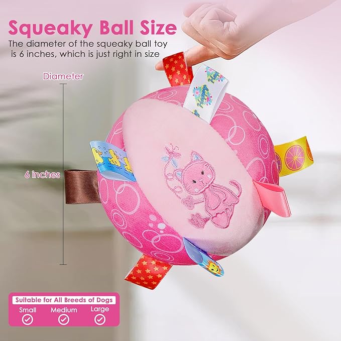 Letalong Dog Squeaky Plush Toy with Straps, 6-Inch Soft Stuffed Ball with Cotton Material and Bell Built-in, Pet Interactive Fetch Toy for Small to Large Dog