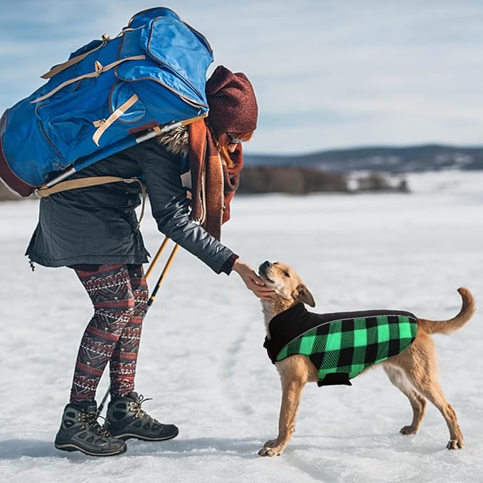 Kuoser Dog Winter Coat, Reversible Waterproof Dog Jacket with Leash Hole, Warm Dogs Fleece Vest Adjustable Doggy Cold Weather Clothes Plaid Christmas Outfit Pet Apparel for Extra Large Dogs, Green 3XL