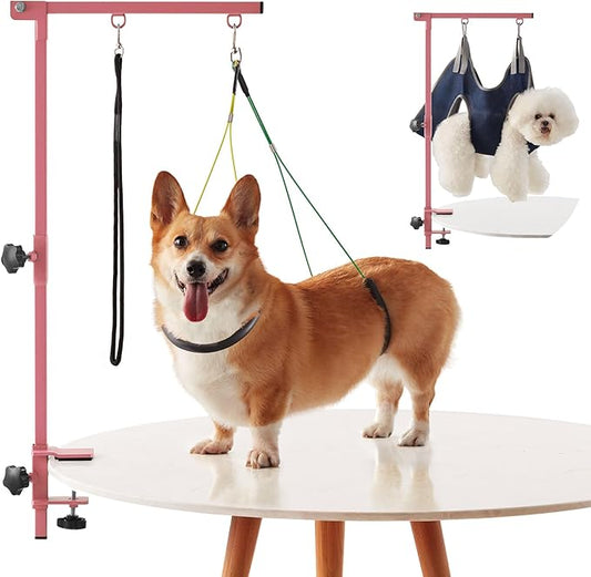 Home Dog Grooming Table Arm with Hammock 35" Height Adjustable Dog Grooming Arm with Clamp No-Sit Haunch Holders Durable Pink(Grooming Table Not Included)