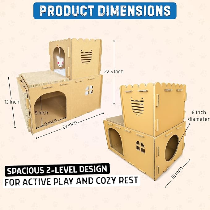 OtterPets Cardboard Cat House with 2-Level Play Design, Two Scratch Pads, Plush Mouse Toy & Soft Fleece Mat, Cat Scratcher House